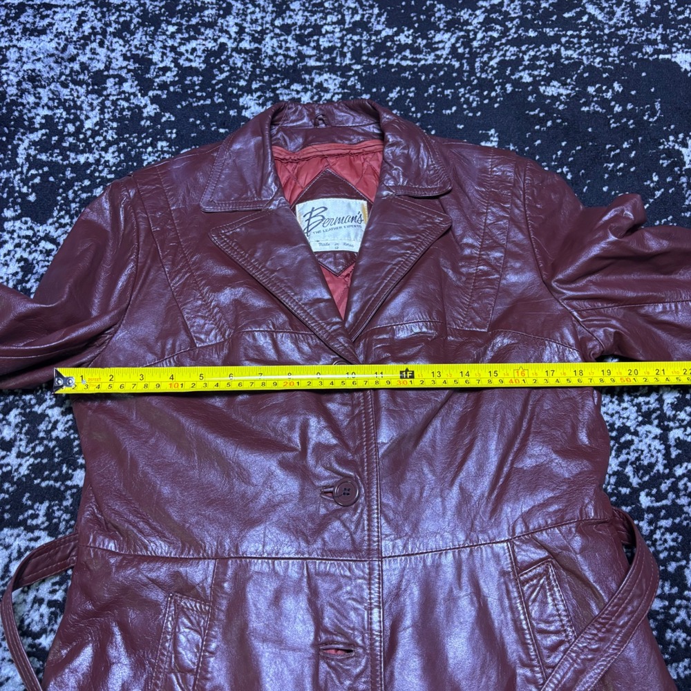 Vintage Bermans The Leather Experts Burgundy Belted Leather Jacket Coat Size 12 - Picture 4 of 5